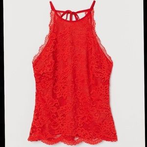 H&M Red Lace Halter Top w/Tie Back